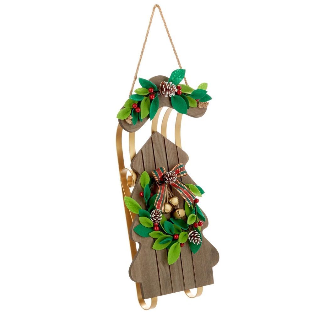 Hallmark Wood‎ and Metal Sled with Holly, Christmas Wall or Door Decoration 18"